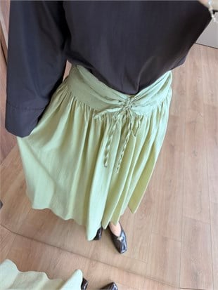 Beli Bağlamalı Büzgülü Uzun Etek Yeşil