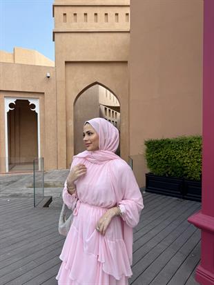 Biyeli Şifon Elbise Pembe
