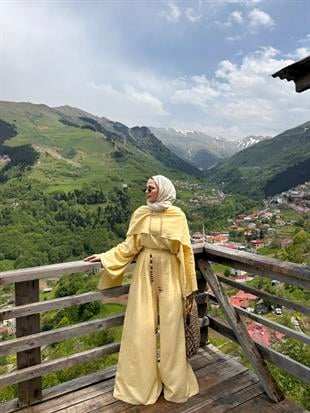 Boncuk Detaylı Pantolon Takım Sarı