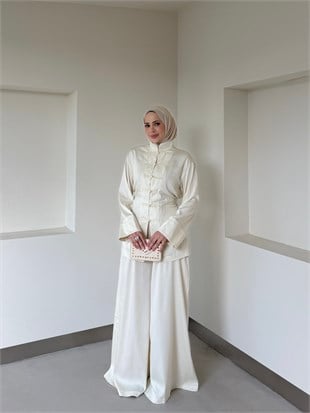 Brit Düğmeli Pantolon Takım Krem
