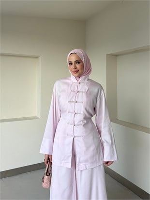 Brit Düğmeli Pantolon Takım Pembe