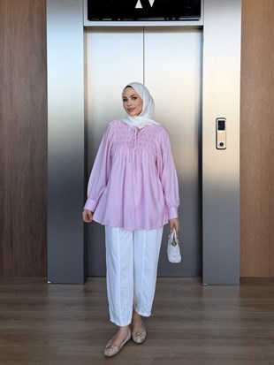 Büzgülü Bağlamalı Gömlek Pembe