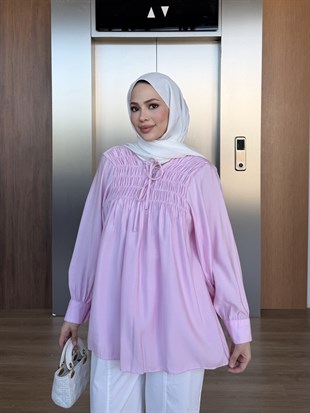 Büzgülü Bağlamalı Gömlek Pembe