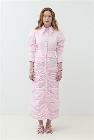 Büzgülü Tasarım Gömlek Elbise Pembe