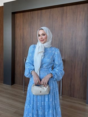 Çiçek Desenli Kuşaklı Elbise Mavi
