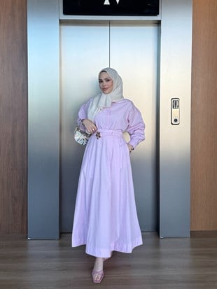 Çiçek Kuşaklı Poplin Etekli Takım Pembe 