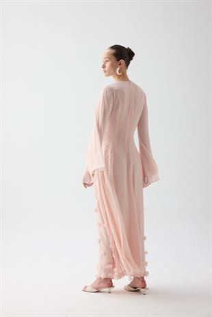 Çiçekli Drape Detaylı Elbise Pembe