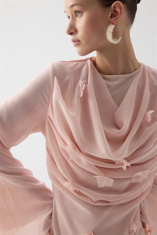 Çiçekli Drape Detaylı Elbise Pembe