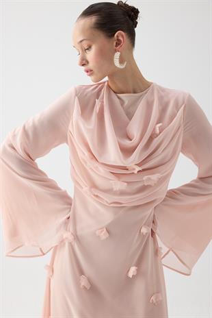 Çiçekli Drape Detaylı Elbise Pembe