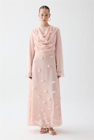 Çiçekli Drape Detaylı Elbise Pembe