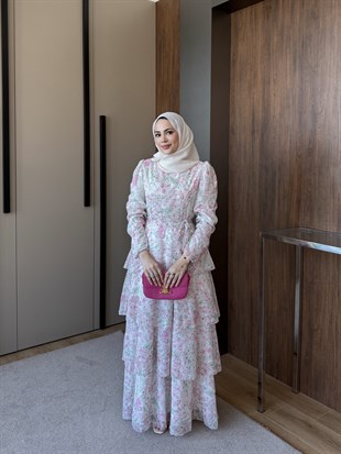 Çiçekli Kuşaklı Kat Kat Şifon Elbise Pembe