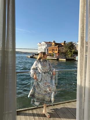 Çiçekli Özel Tasarım Elbise Mavi