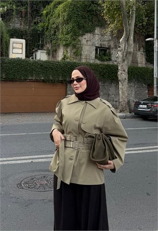 Çift Kemerli Trenç Haki