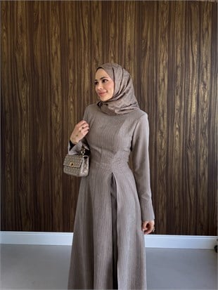 Çizgili Piliseli Uzun Takım Taupe