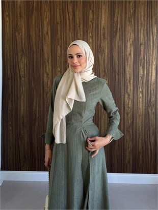 Çizgili Piliseli Uzun Takım Zeytin Yeşili
