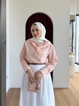 Çizgili Şal Yaka Gömlek Pembe