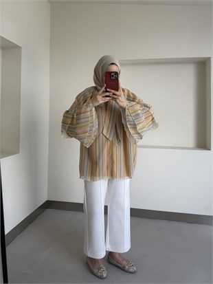 Çizgili Yaka Bağlamalı Şifon Bluz Camel