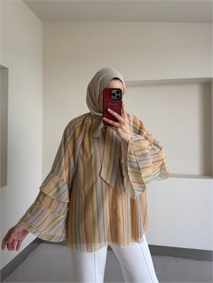 Çizgili Yaka Bağlamalı Şifon Bluz Camel