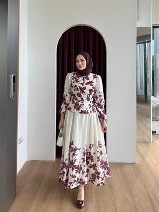 Desenli Keten Etekli Takım Burgundy