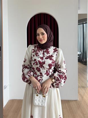 Desenli Keten Etekli Takım Burgundy
