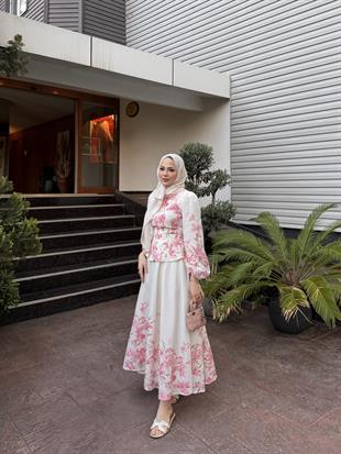 Desenli Keten Etekli Takım Pembe 