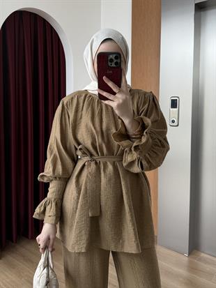 Dokulu Kuşaklı Pantolon Takım Haki