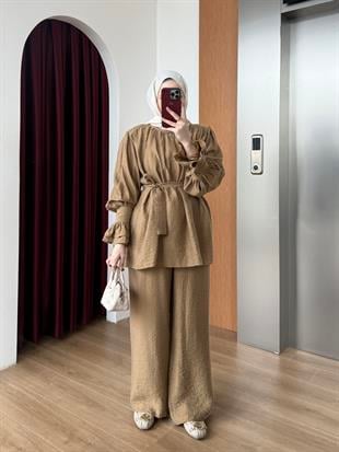 Dokulu Kuşaklı Pantolon Takım Haki