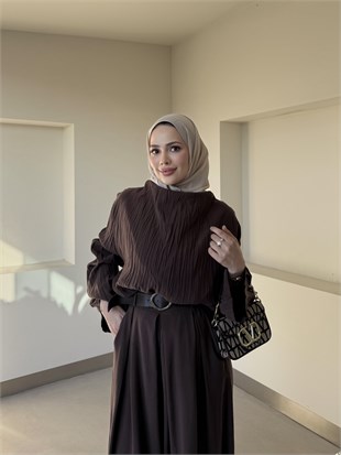 Dökümlü Pileli Pantolon Takım Kahverengi