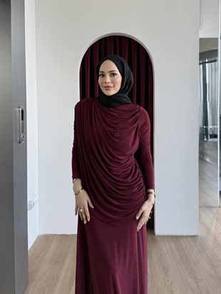 Drape Detaylı Elbise Bordo