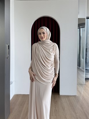 Drape Detaylı Elbise Krem