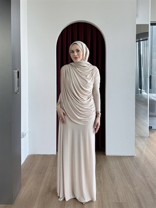 Drape Detaylı Elbise Krem