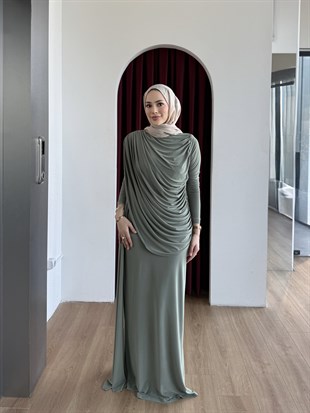 Drape Detaylı Elbise Yeşil