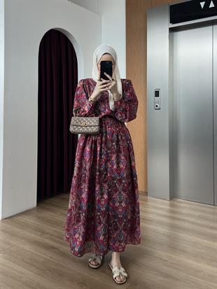 Etnik Desen Elbise Bordo
