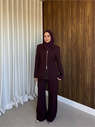 Fermuarlı Ceket Pantolon Takım Burgundy