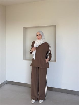 Fermuarlı Rahat Kalıp Eşofman Takım Kahverengi