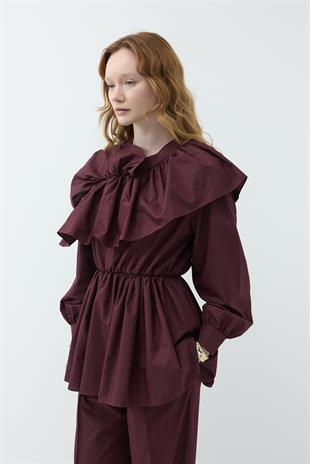 Fırfır Detaylı Pantolon Takım Bordo