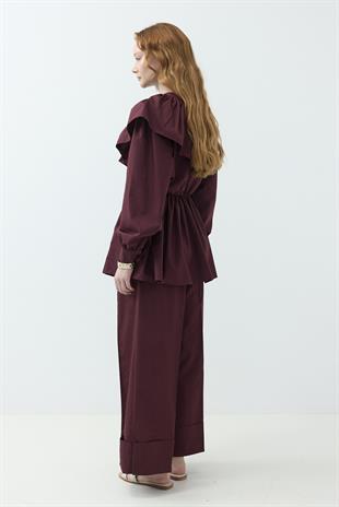 Fırfır Detaylı Pantolon Takım Bordo