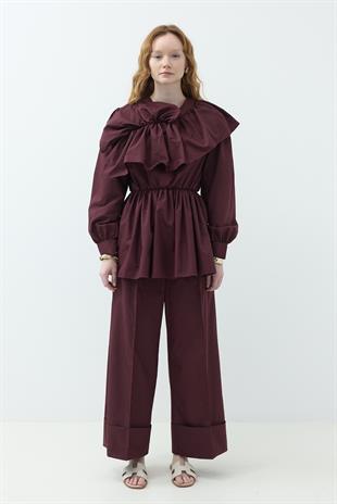 Fırfır Detaylı Pantolon Takım Bordo