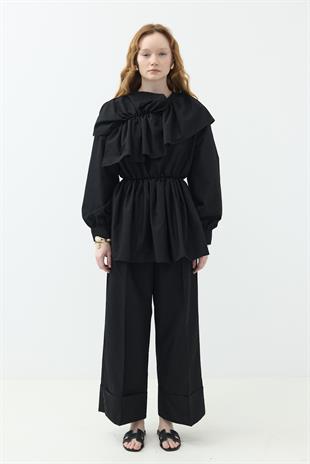 Fırfır Detaylı Pantolon Takım Siyah