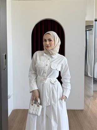 Gömlek Yaka Poplin Elbise Beyaz