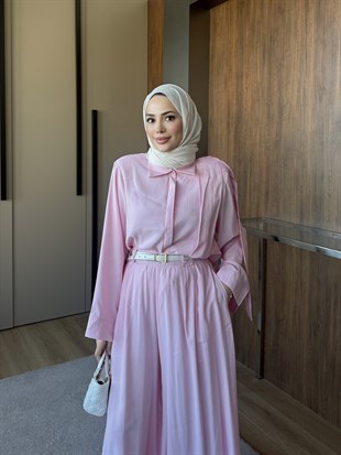 Gömlekli Palazzo Pantolon Takım Pembe