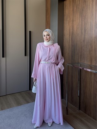 Gömlekli Palazzo Pantolon Takım Pembe