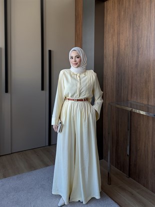 Gömlekli Palazzo Pantolon Takım Sarı