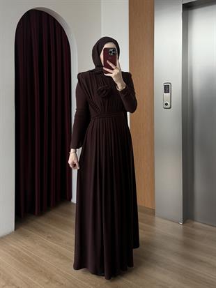 Gül Detaylı Sandy Elbise Kahverengi