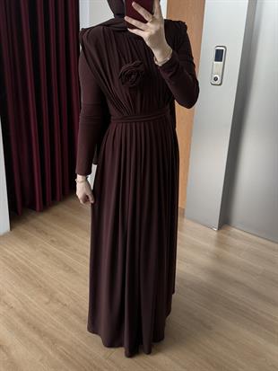Gül Detaylı Sandy Elbise Kahverengi