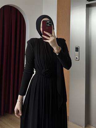 Gül Detaylı Sandy Elbise Siyah