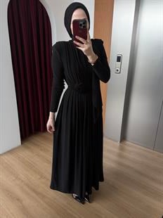 Gül Detaylı Sandy Elbise Siyah