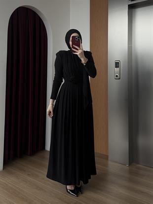Gül Detaylı Sandy Elbise Siyah