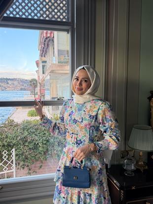Kemerli Çiçek Desen Keten Elbise Mavi