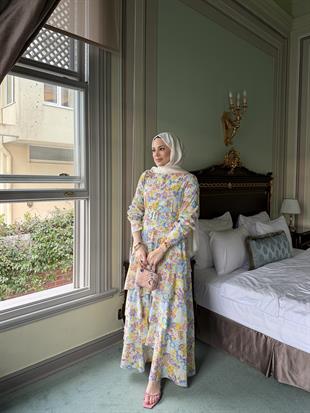 Kemerli Çiçek Desen Keten Elbise Sarı